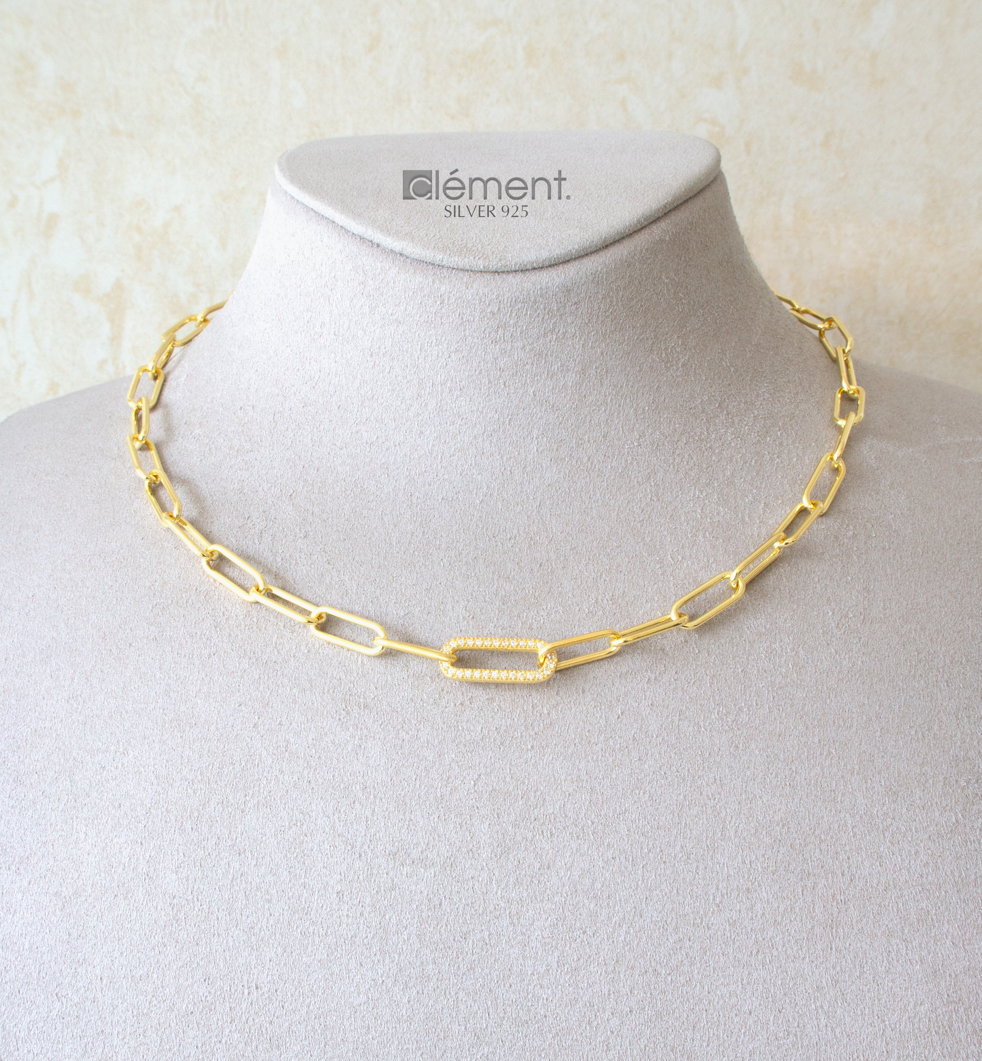 Silver 925 Yellow Gold Plated Link Necklace with CZ Stones