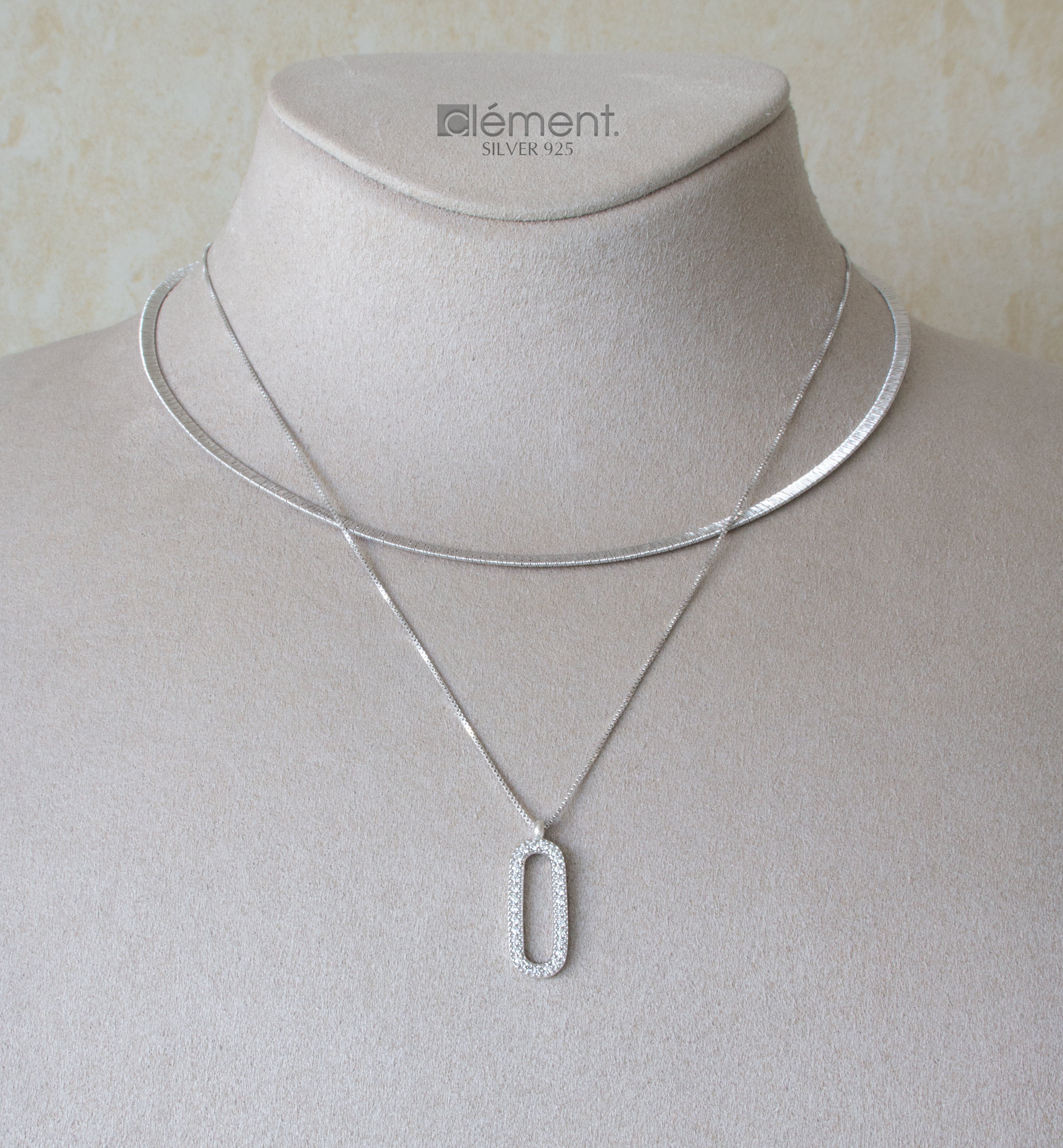 Silver 925 Flat and Oval Double Necklace with CZ Stones