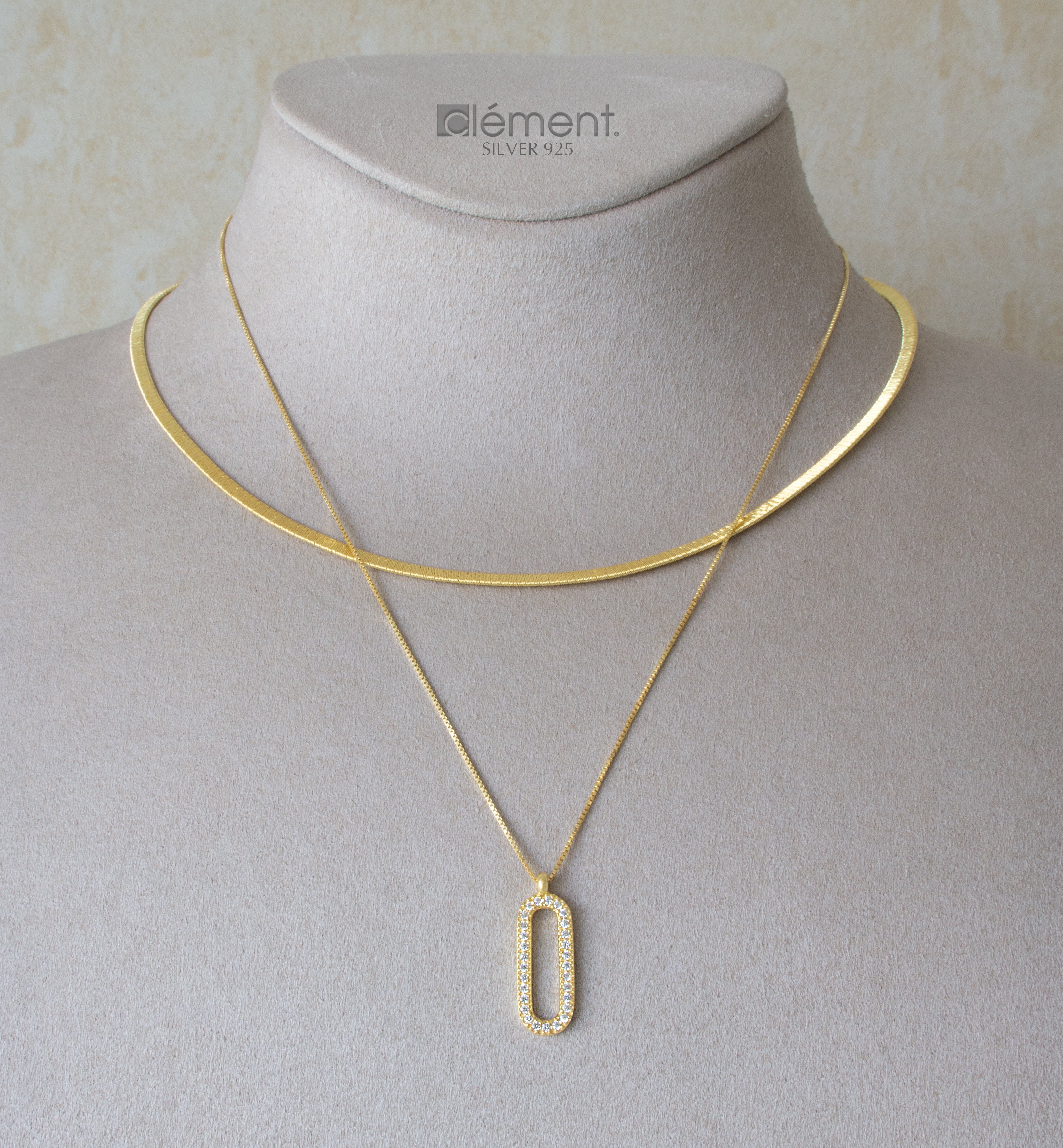 Silver 925 Flat and Oval Double Necklace with CZ Stones