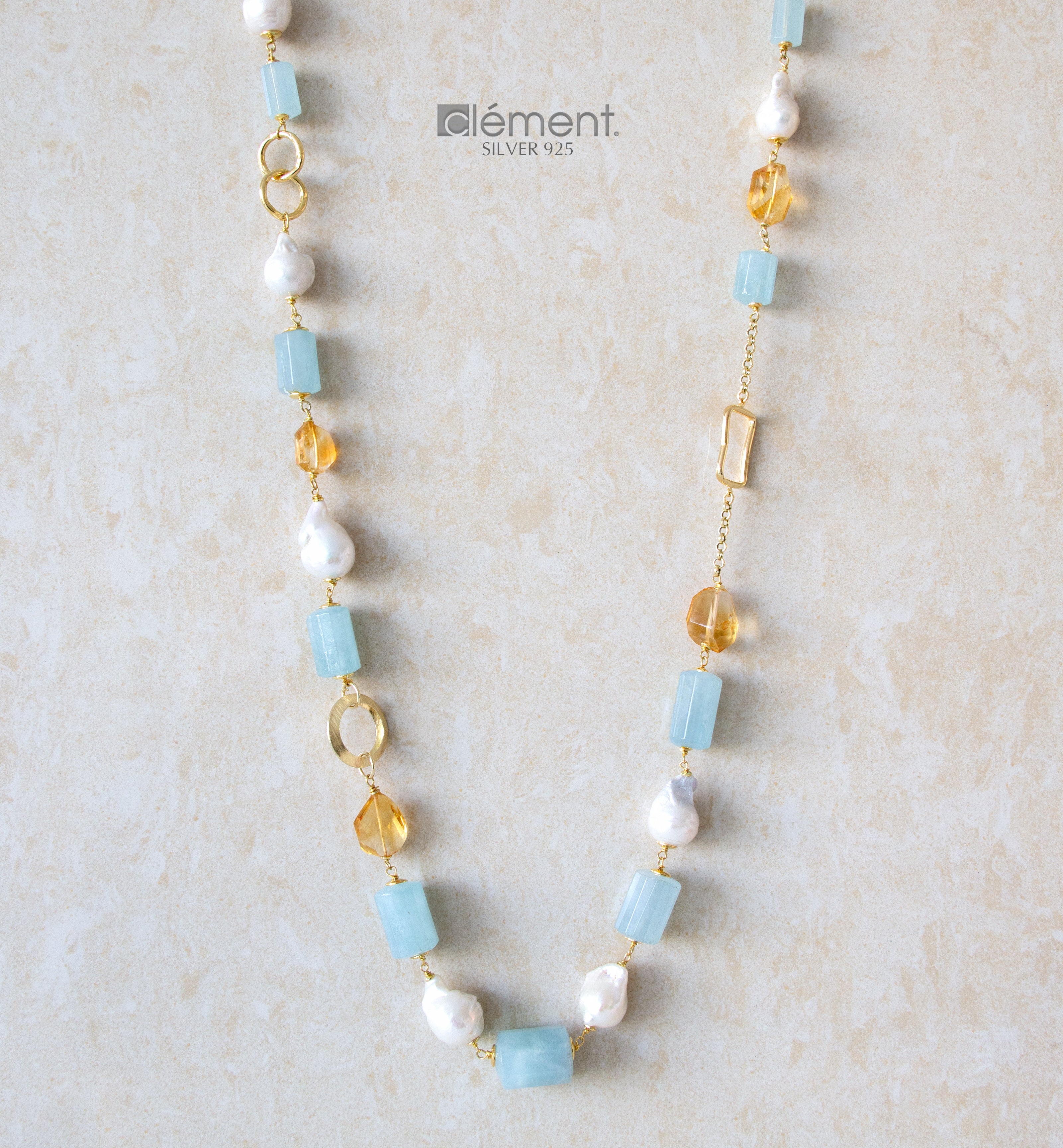 Silver 925 Long Necklace with Semi-Precious Stones