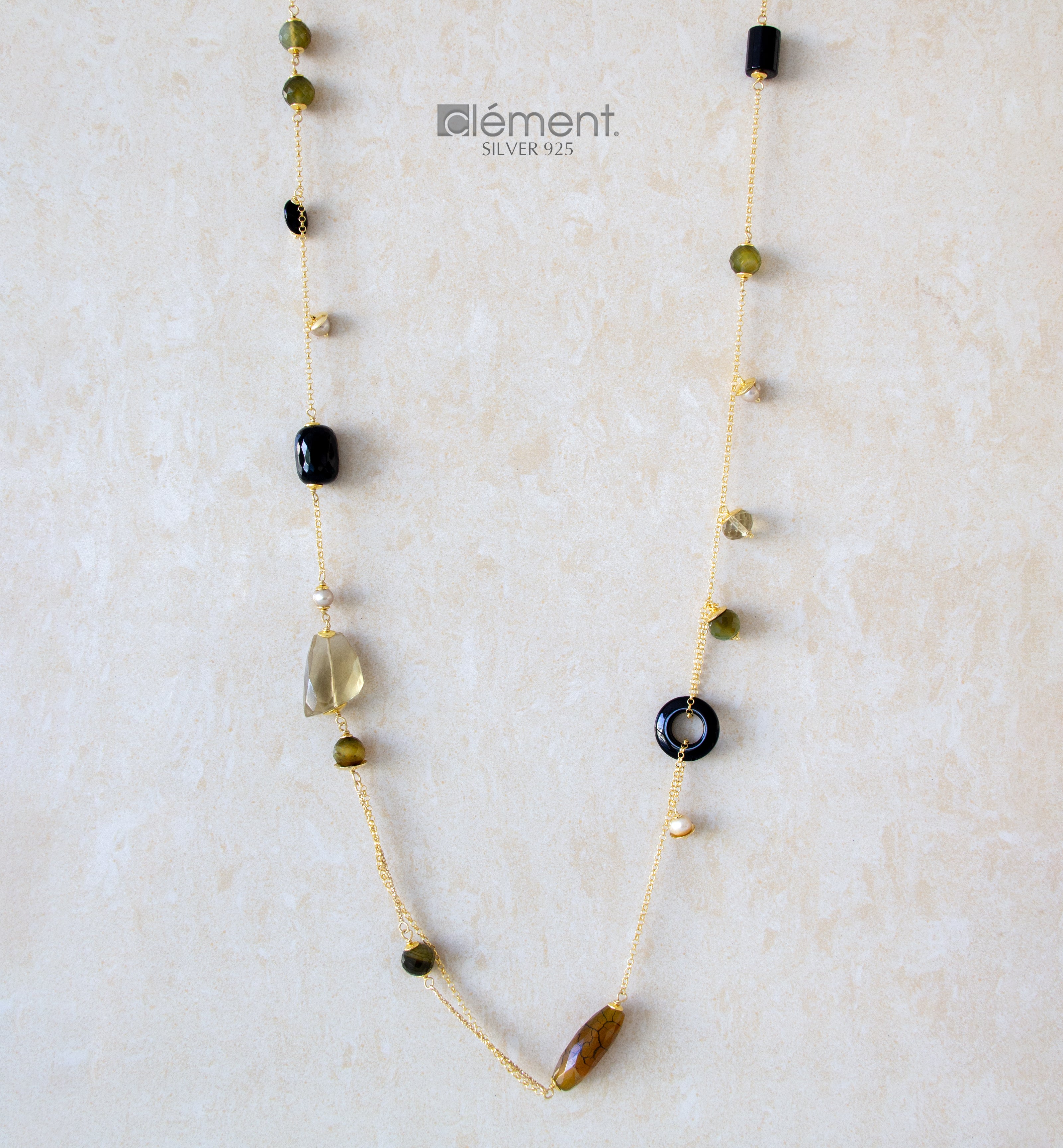 Silver 925 Long Necklace with Semi-Precious Stones