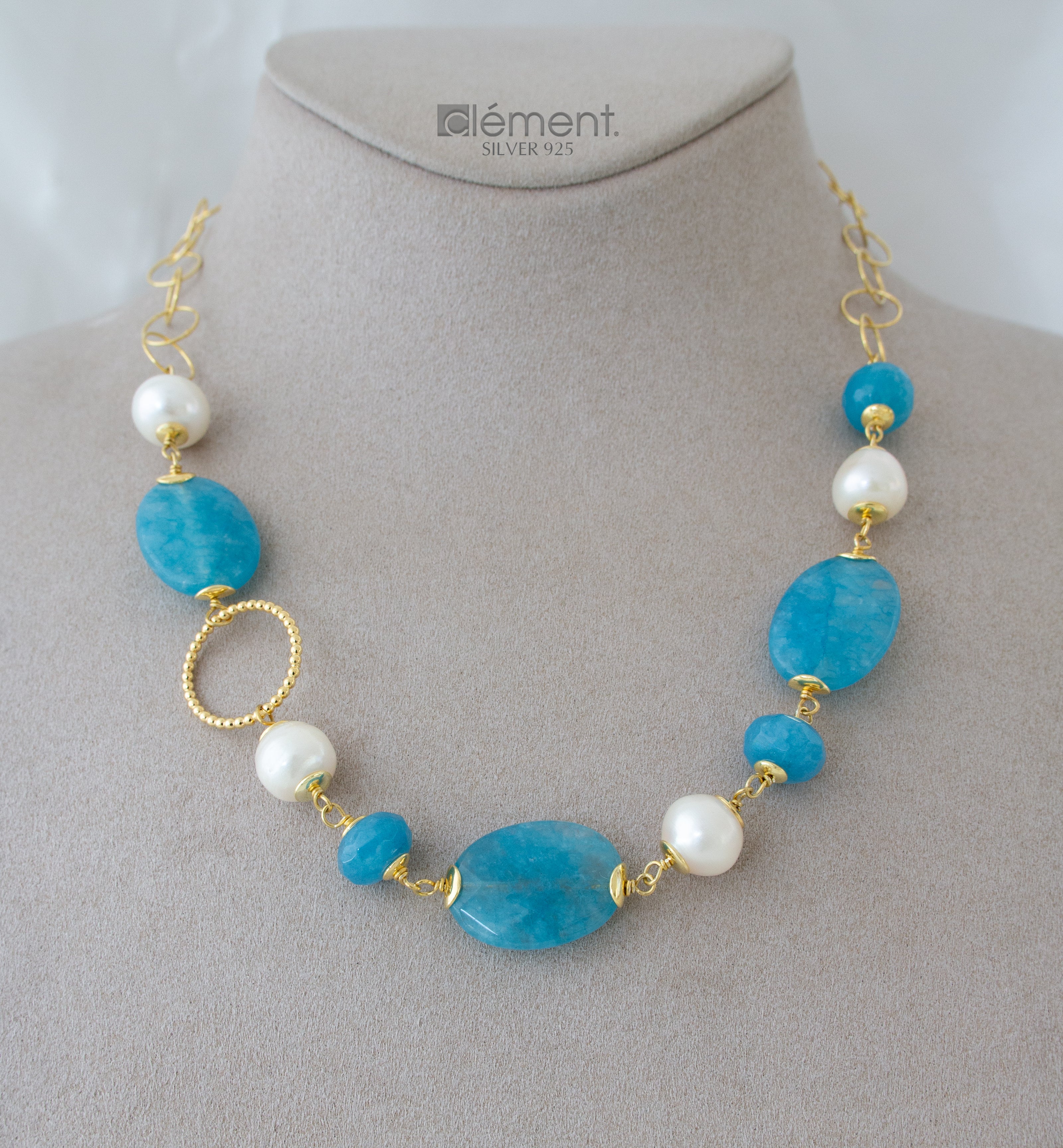 Silver 925 Necklace with Semi-Precious Stones and Pearls