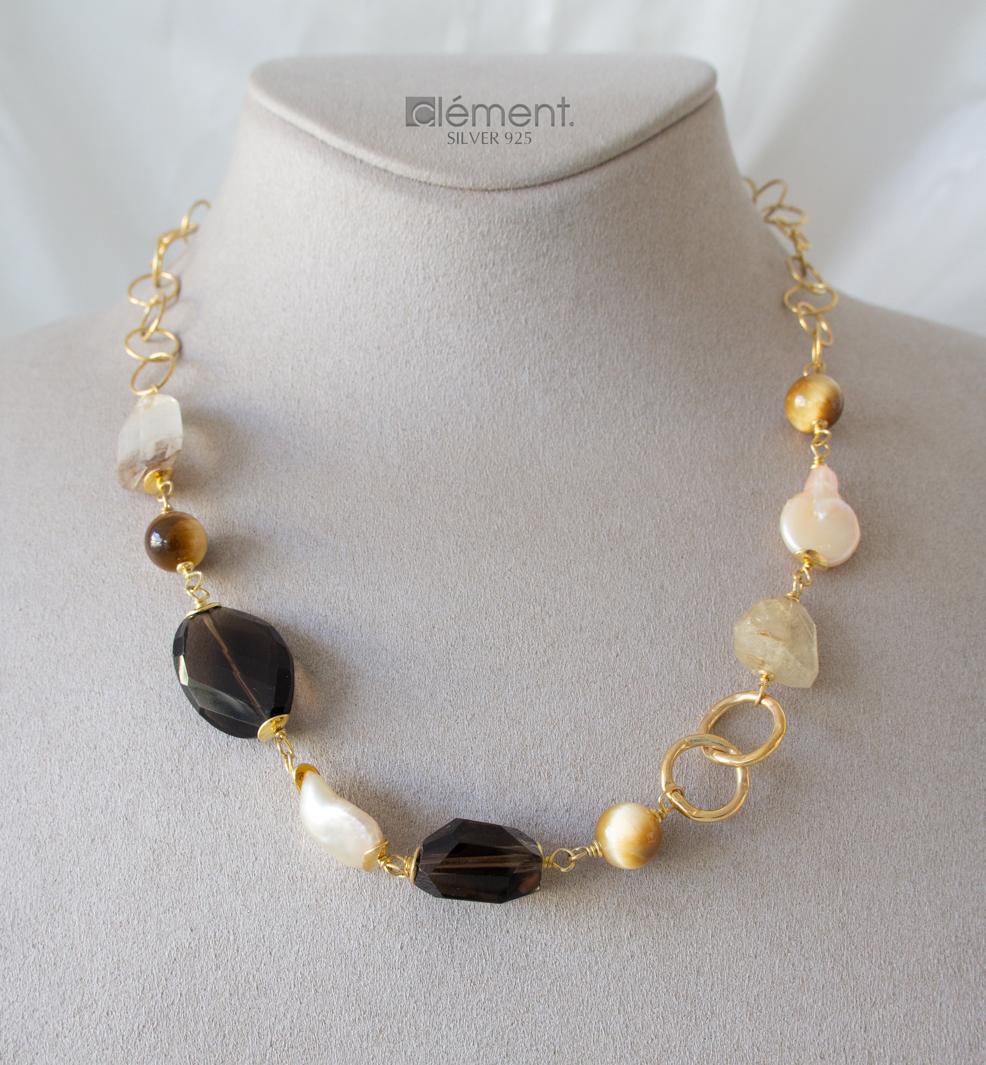 Silver 925 Necklace with Semi Precious Stones and Pearls
