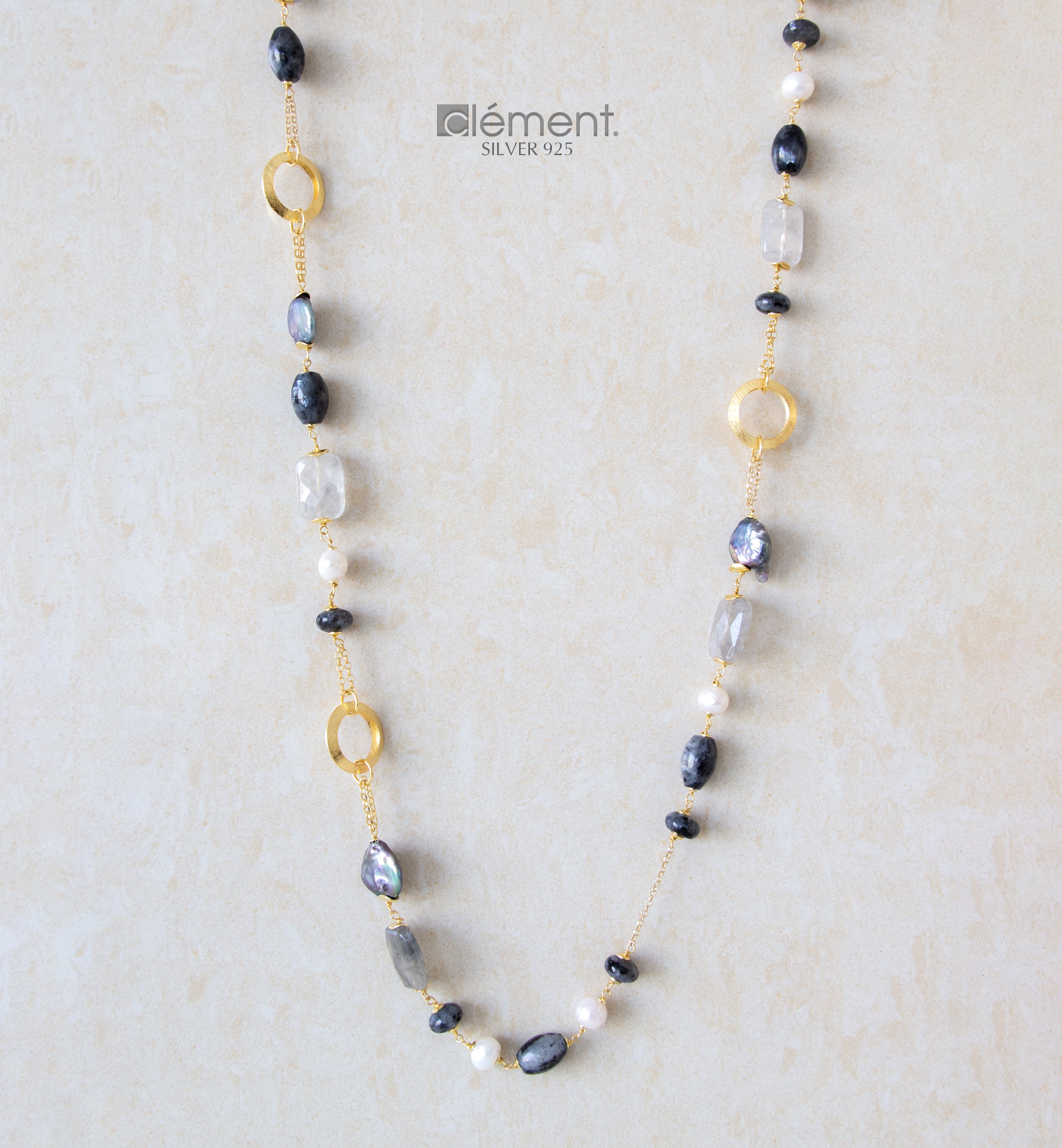 Silver 925 Long Necklace with Semi-Precious Stones