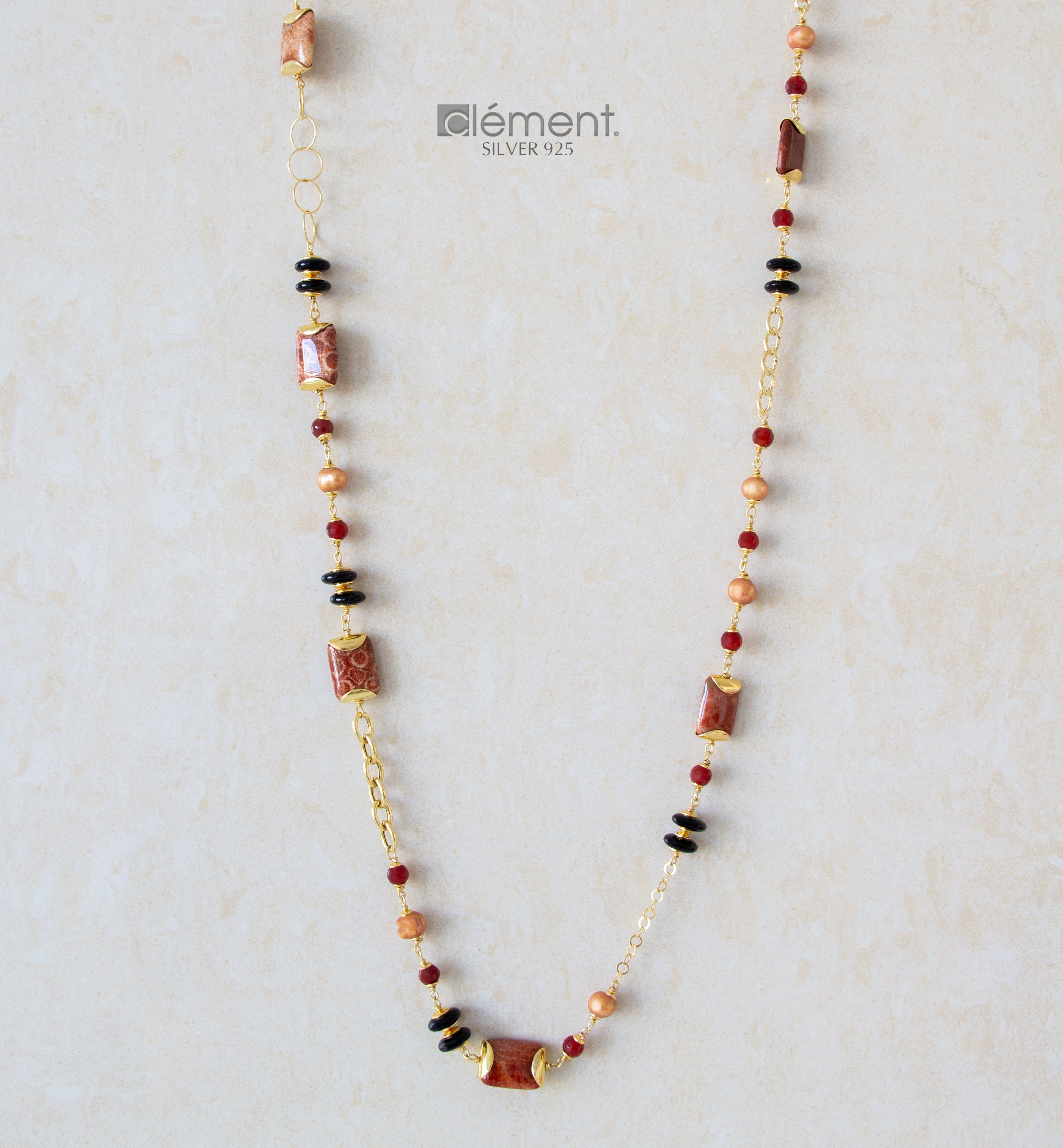 Silver 925 Long Necklace with Semi-Precious Stones