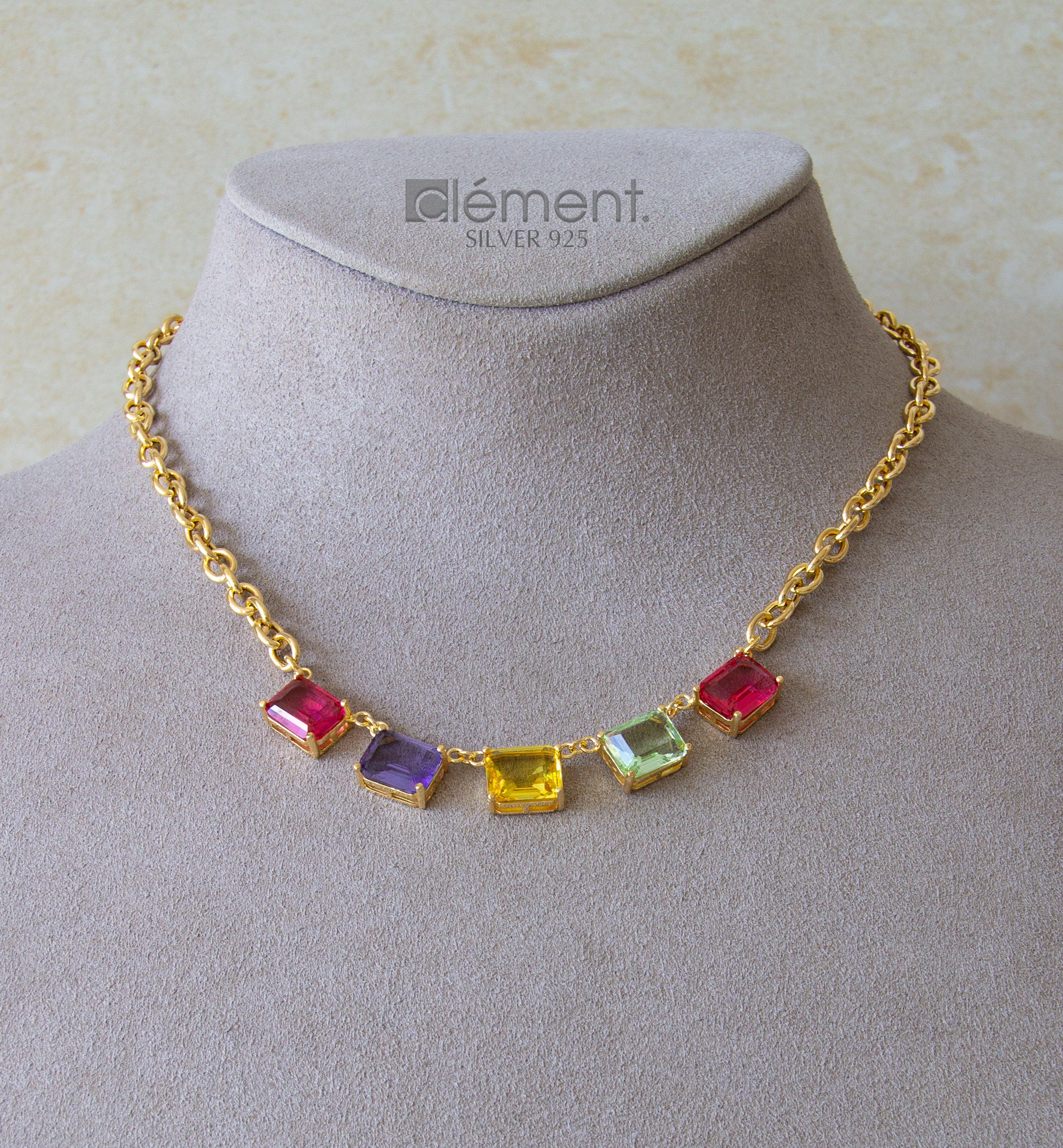 Silver 925 Yellow Gold Plated Necklace with Coloured CZ Stones