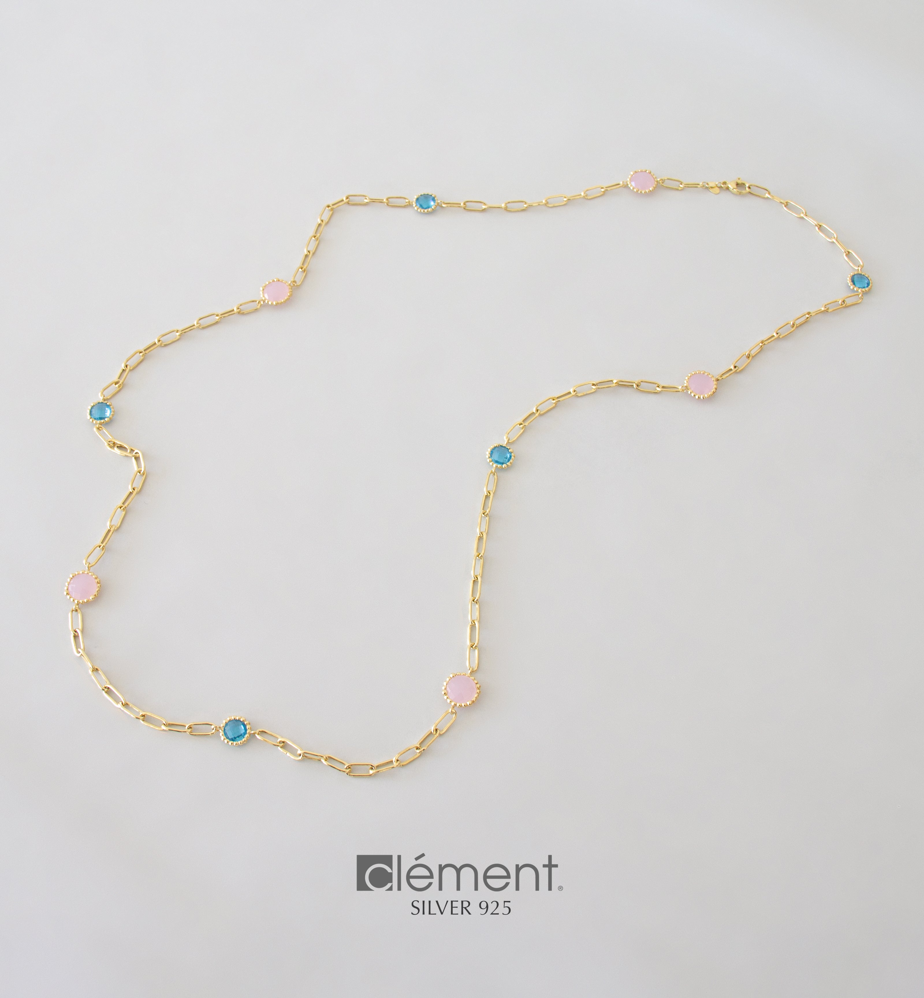 Silver 925 Long Necklace with Coloured Stones
