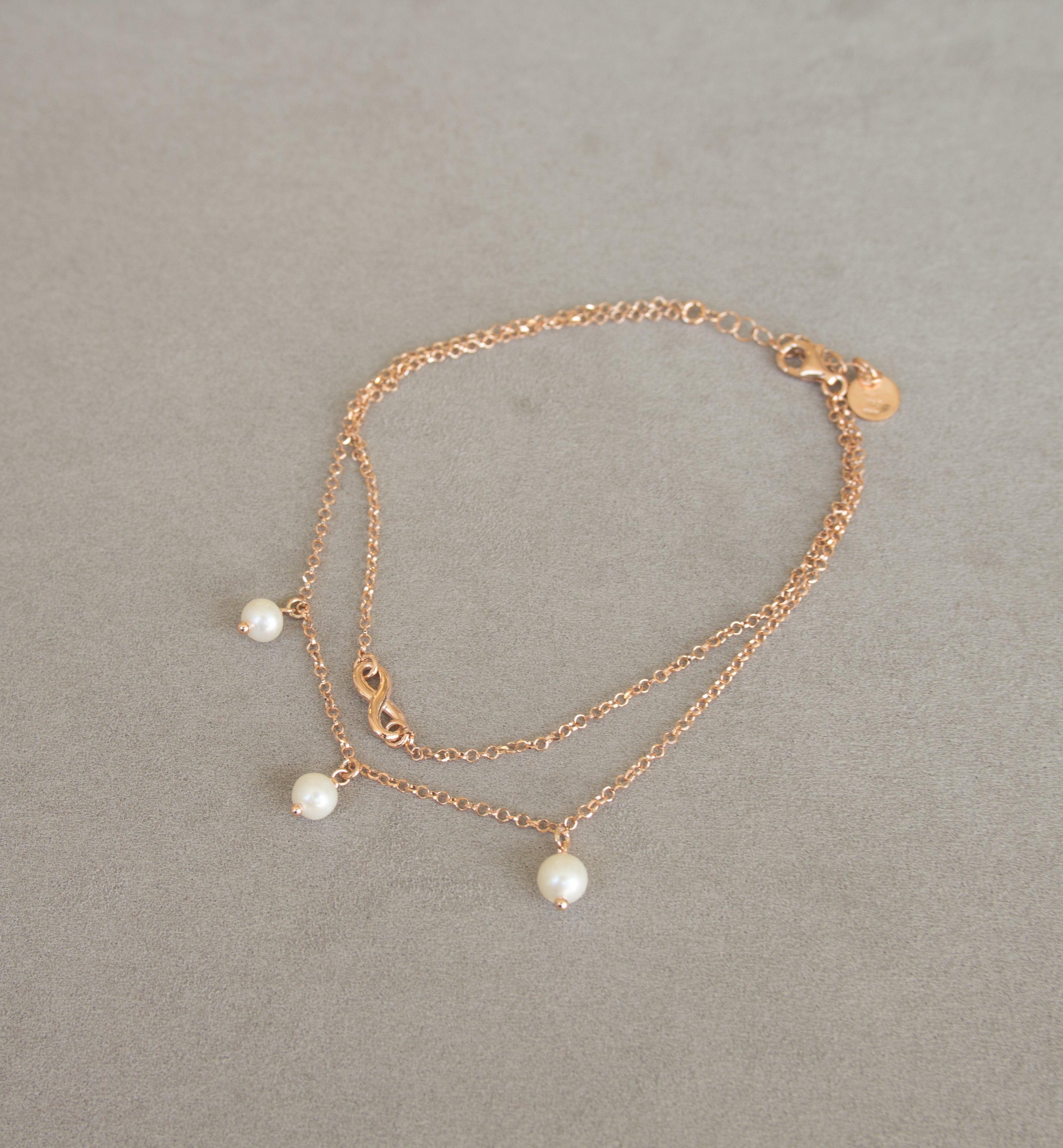 Silver 925 Fresh Water Cultured Pearl & Infinity Double Ankle Chain