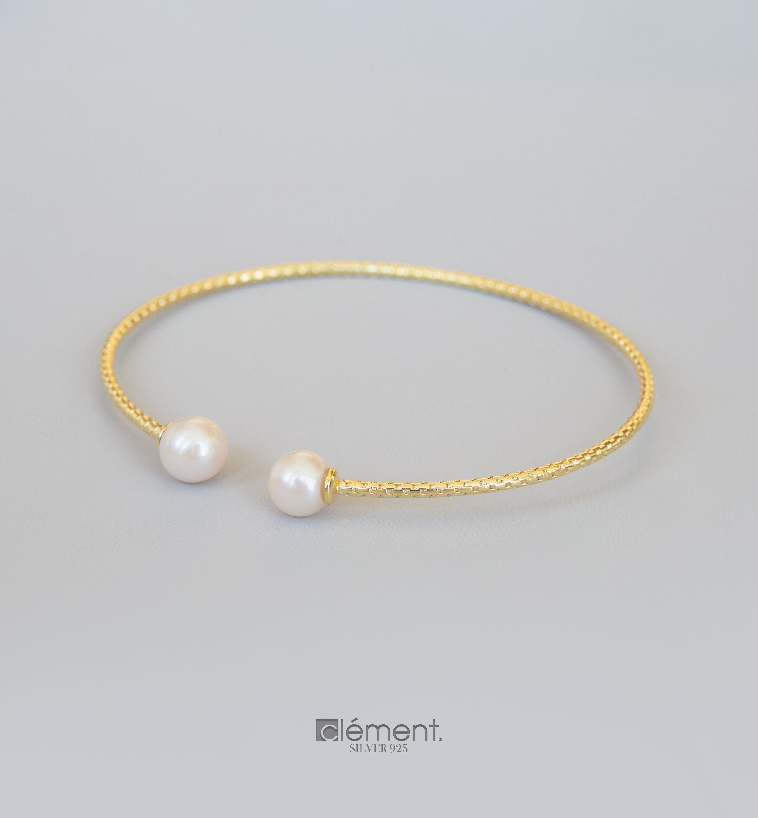 Silver 925 Yellow Gold Plated Bangle with Two Pearls